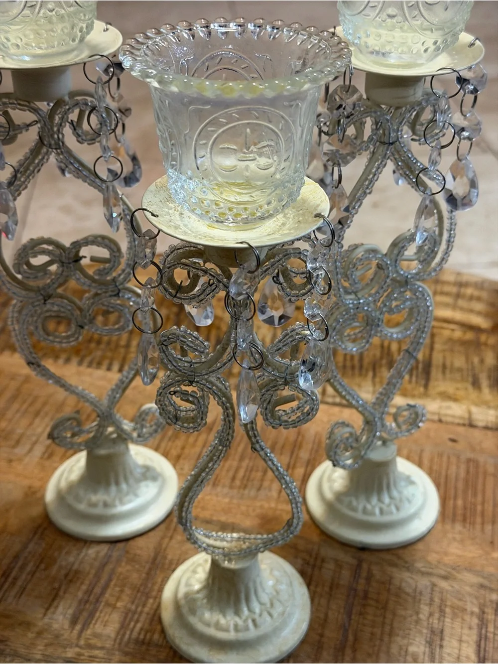 3 Shabby Chic White Metal Beaded Votive Candle Holders Cut Glass Faux Crystal